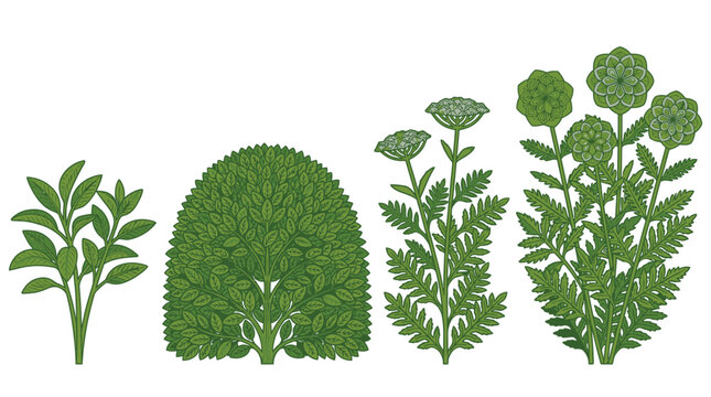Illustrazione vettoriale di diverse piante verdi e cespugli stilizzati, con vari tipi di fogliame e fiori geometrici, isolati su sfondo bianco per design botanico e decorativo.
