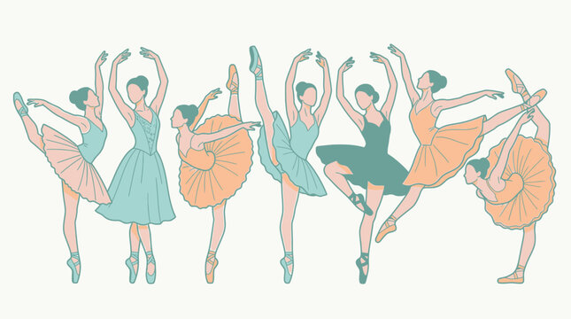 Illustrazione vettoriale di un gruppo di ballerine classiche che eseguono diverse pose aggraziate indossando tut&ugrave; colorati su uno sfondo neutro, ideale per progetti artistici e design.
