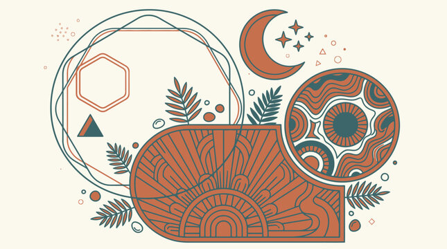 Illustrazione vettoriale in stile boho con elementi geometrici, foglie di felce, luna crescente e motivi astratti in una palette di colori terrosi su uno sfondo crema chiaro.