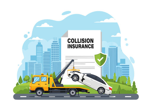 A tow truck is towing a damaged white car with collision insurance document nearby on a city road.