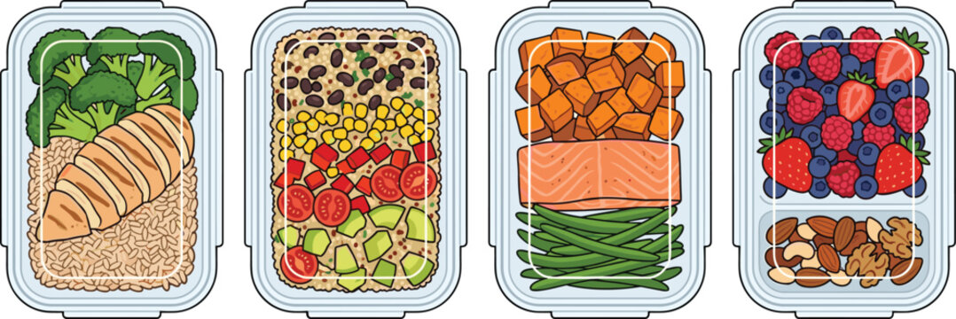 Flat vector illustration set of healthy lunch meal prep containers filled with nutritious salmon chicken salad berries and mixed nuts