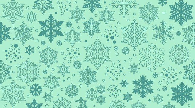 Sfondo festivo con pattern di fiocchi di neve stilizzati in varie dimensioni e tonalit&agrave; di verde menta, ideale per decorazioni natalizie e design invernale creativo.