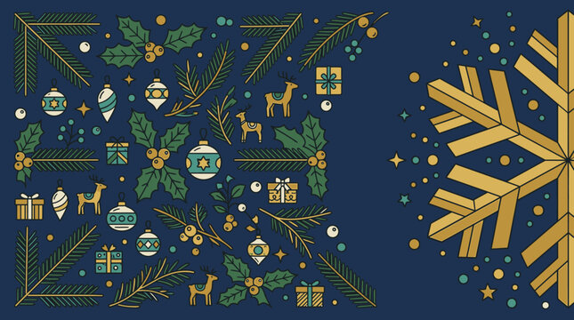 Modello di sfondo natalizio elegante con fiocchi di neve dorati, decorazioni festive, agrifoglio e renne stilizzate su un profondo sfondo blu scuro per design stagionali.