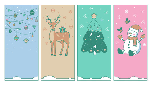 Set di quattro banner verticali con illustrazioni natalizie piatte che includono decorazioni appese, una renna con regalo, un albero di Natale stilizzato e un pupazzo di neve festoso