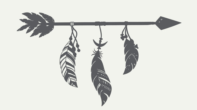 Illustrazione vettoriale di una freccia in stile boho con piume decorative appese, design minimalista in bianco e nero perfetto per decorazioni etniche, stampe artistiche o progetti grafici.