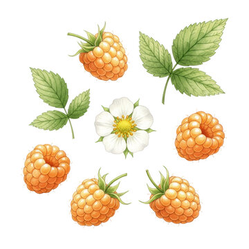 Watercolor illustration of ripe golden raspberries with green leaves and a white flower, showing intricate drupelets and veining, serene botanical study
