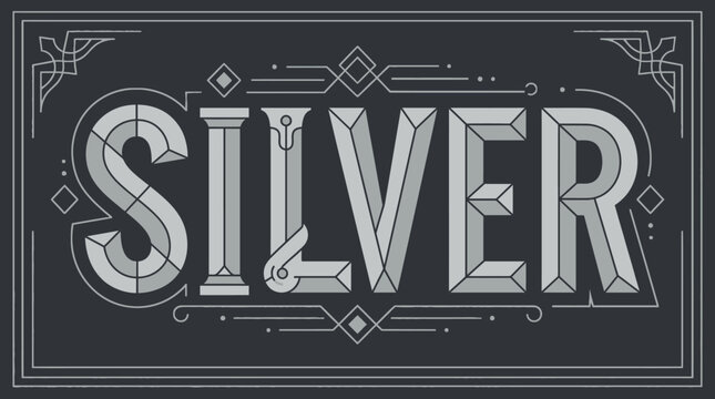 Scritta decorativa in stile vintage con la parola Silver realizzata con un elegante design tipografico geometrico su sfondo scuro con cornici ornamentali dettagliate.