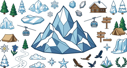Mountain resort expedition landscape vector elements set featuring winter hiking cabin cable car camp tent and pine tree icons for alpine travel infographic design © AdhinChandra