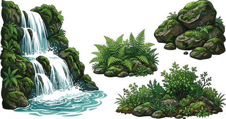 Natural landscape clip art vector element set featuring cascading waterfall mossy rocks fern bush and green foliage for game asset design © AdhinChandra