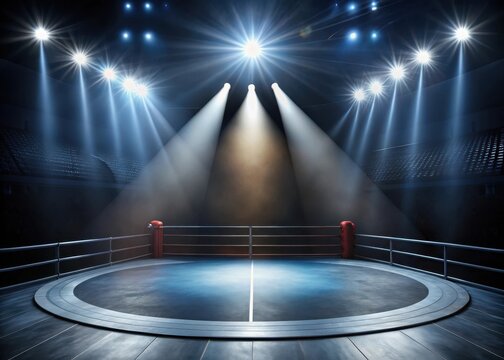 Empty wrestling arena with spotlight on mat