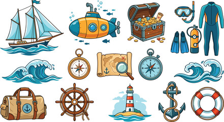 Nautical adventure and scuba diving vector elements collection with sailboat submarine treasure chest lighthouse and anchor for maritime commercial design © AdhinChandra
