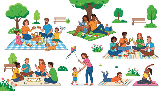 Flat vector illustration set of diverse people families and friends enjoying outdoor park picnic activities boardgame yoga and leisure