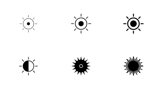 Sun Icons Representing Different Light and Intensity Levels in a 2x3 Grid Layout Featuring Icon, Weather, Bright with Dark