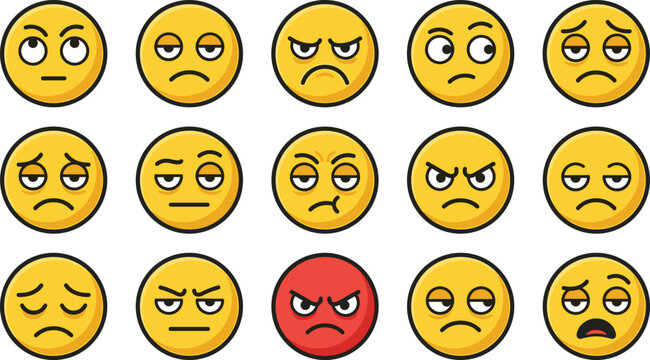 Negative emoji face icon vector illustration set featuring sad annoyed bored and angry expressions for customer feedback and user experience design