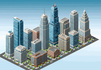 Obraz premium Isometric pixel art city skyline with modern skyscrapers buildings and streets in a digital urban landscape design for video games and creative architectural projects