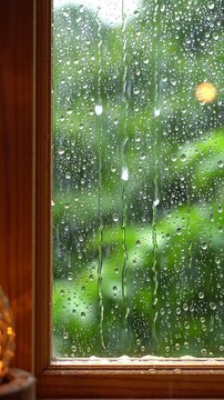 Gentle rain droplets flowing down wooden window with soft green nature background