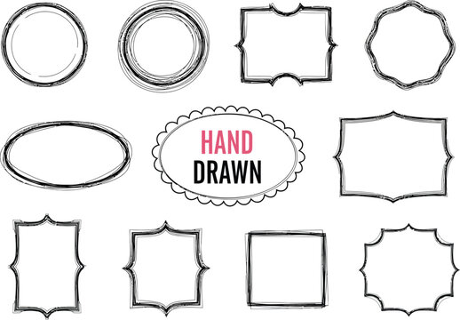Set of hand drawn sketch frames and border shapes for decorative design projects including circles ovals rectangles and various vintage badges in a simple black ink style