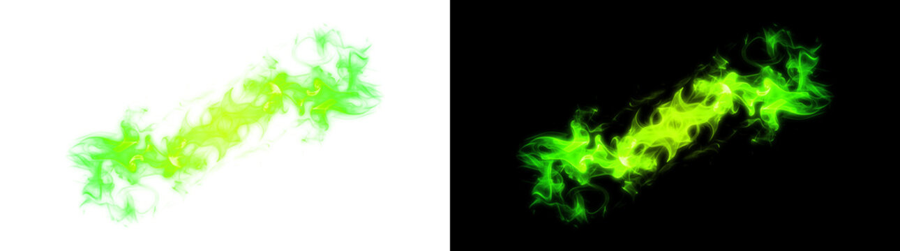 Glowing green flame and smoke effect streak on transparent background, abstract fire energy overlay cutout