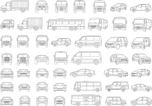 Set of various vehicle line art icons including trucks cars vans and buses showing different views and angles for transportation design projects and web graphics