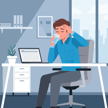 Stressed Businessman Feeling Overwhelmed By Workload And Headache While Staying Hydrated