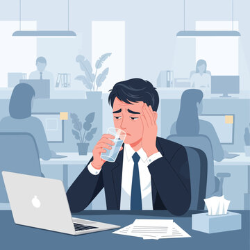 Stressed Businessman Feeling Unwell At His Desk While Working On Laptop