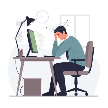 Stressed Businessman Overwhelmed At Desk Working Late Hours Office Burnout