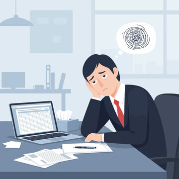 Stressed Businessman Overwhelmed At His Desk Seeking Mental Relief