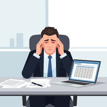 Stressed Businessman Overwhelmed By Work And Financial Data Demanding Urgent Solutions