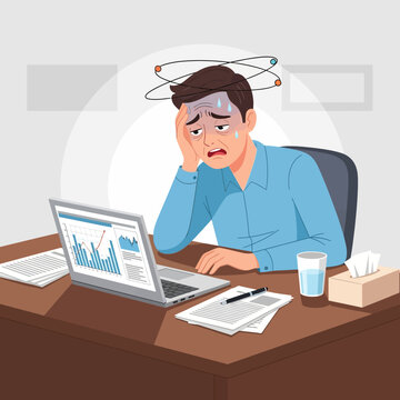 Stressed Businessman Overwhelmed By Work And Financial Data On Laptop Screen