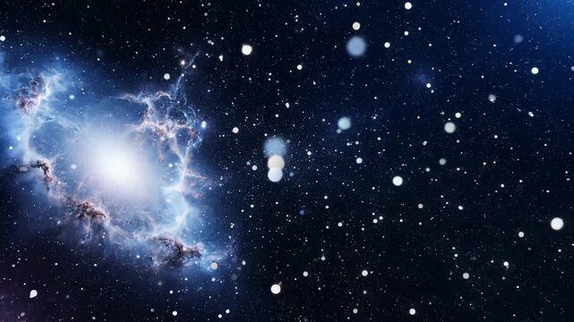 Cosmic nebula swirling through deep space with glowing stars and floating particles in a dark void