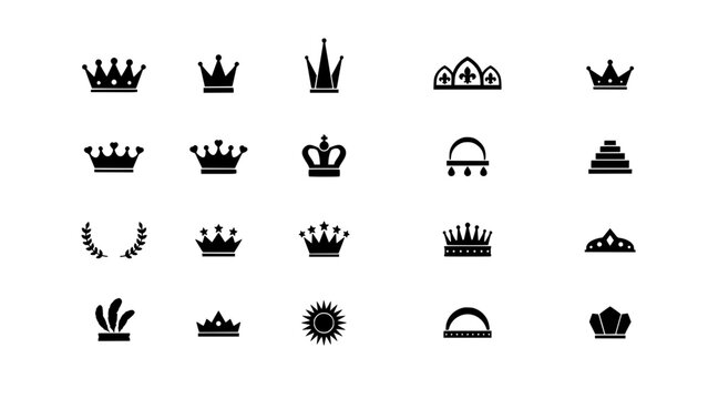 Collection of Diverse Crown and Royal Icons in a 4x6 Grid Layout, Vector Graphics Featuring Icon, King, Queen with Symbol