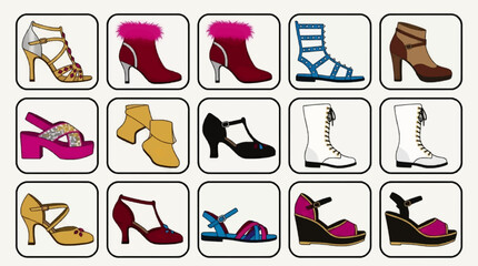 Obraz premium Flat Vector Icon Sheet of 9 Diverse Women's Shoes, Including Heels, Boots, Sandals, and Wedges in Various Colors and Styles, Arranged in a Grid Layout on a White Background