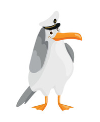 Fototapeta premium Funny cartoon vector illustration of a winking seagull character wearing a white captain hat with an anchor icon. Isolated on white background.