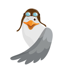 Obraz premium Funny cartoon vector illustration of a winking seagull character wearing a vintage aviator hat and goggles. Isolated on white background.