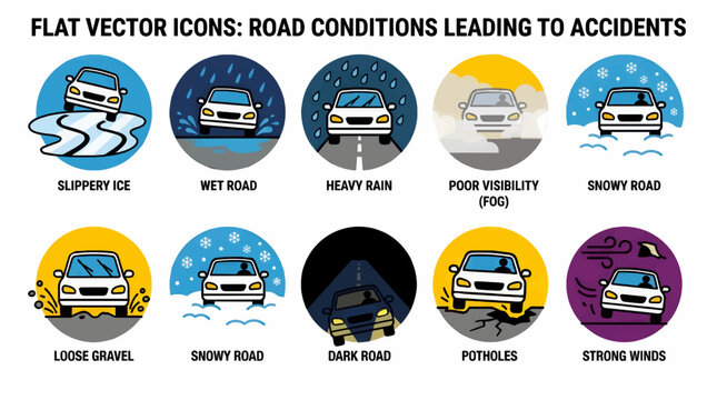 Flat Vector Icons Set Illustrating Dangerous Road Conditions Leading to Accidents: Slippery Ice, Wet Road, Heavy Rain, Fog, Snowy, Loose Gravel, Dark Road, Potholes, Strong Winds