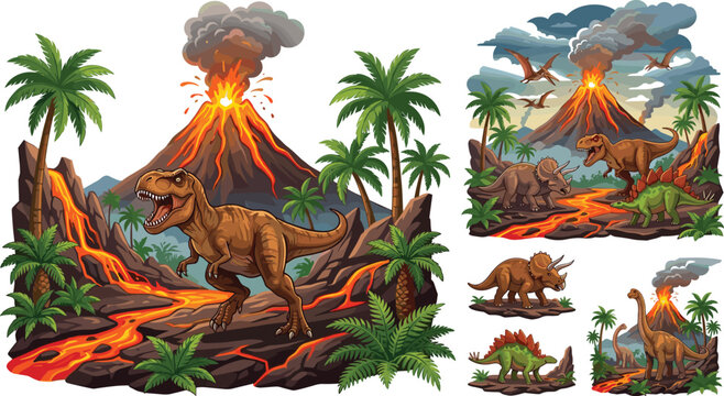 Prehistoric dinosaur vector illustration set featuring T-Rex, Triceratops, Stegosaurus, and erupting volcano with flowing lava for kids educational design