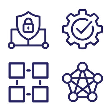 A set of four linear featuring a shield with a padlock, a gear with a checkmark, a four-square grid, and a pentagonal network node diagram, all in dark blue on a wallpaper background, white background