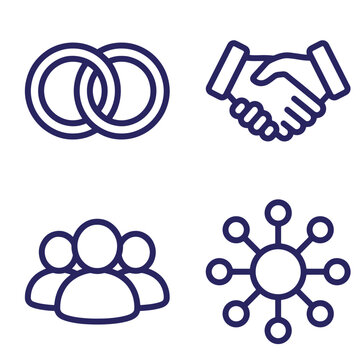 A set of four linear featuring two interlocking rings, a handshake, a group of three people, and a network node diagram with a central circle connected to eight smaller circles, wallpaper background