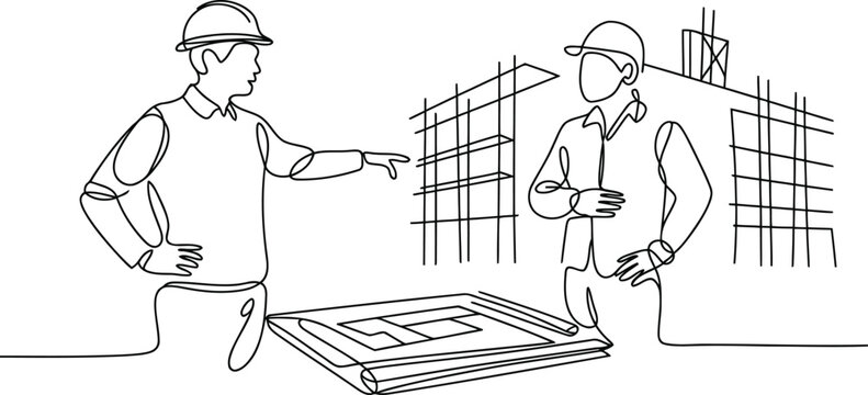 Construction supervisor in blue overalls reviewing modular building plans with a blueprint and pencil
