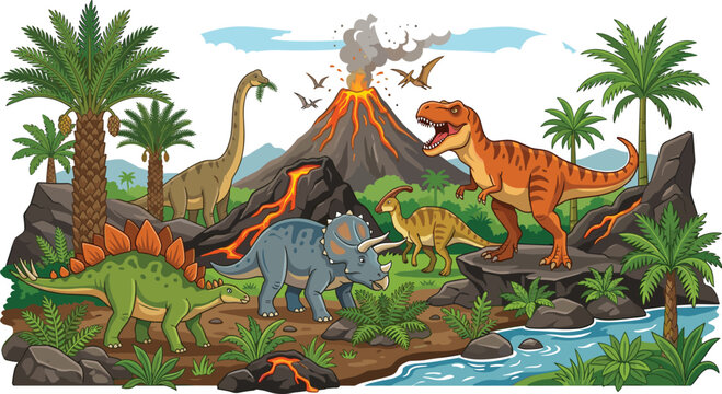 Prehistoric landscape vector illustration with roaring T-Rex, Triceratops, Stegosaurus, and erupting volcano with flowing lava for kids educational design