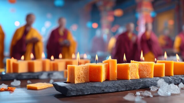 Celebratory Buddhist Losar Ceremony with Monks and Illuminated Butter Candles