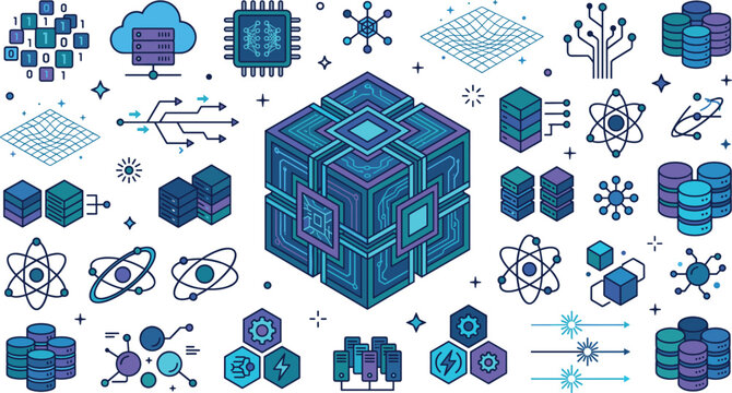 Quantum computing blockchain server and big data vector icons set featuring isometric supercomputer cube for cryptography software website presentation design