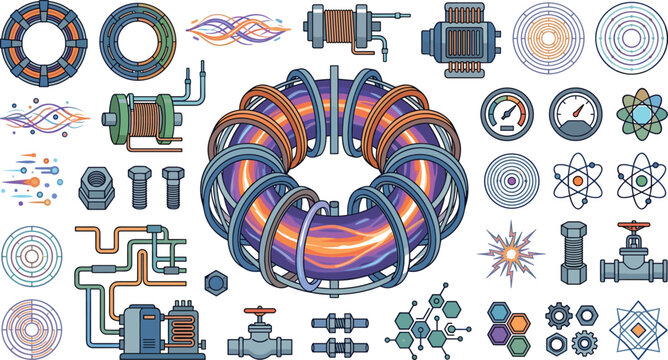 Quantum physics fusion reactor vector elements set featuring tokamak torus core surrounded by nuclear energy and industrial physics graphics for clean technology infographic design