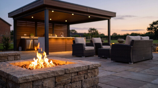 Luxury outdoor patio area with a stone fire pit, modern covered kitchen, and comfortable wicker lounge furniture at sunset