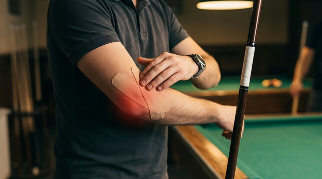 Man with elbow pain using kinesiology tape during pool game: Sports injury, tennis elbow, physical therapy, pain relief, rehabilitation