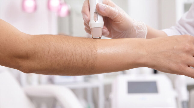 Professional laser hair removal procedure on a womans arm in a beauty clinic, closeup shot of the treatment process