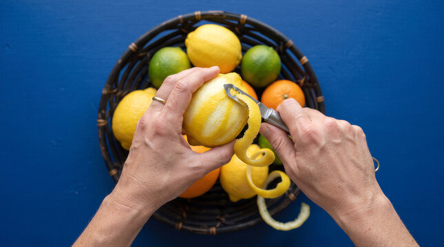 Top view of a person peeling a fresh lemon with a zester tool over a basket of assorted citrus fruits on a vibrant blue background