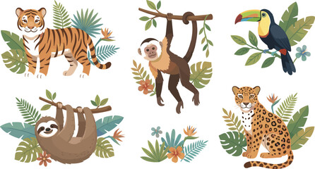 Safari animals and jungle foliage vector illustration collection featuring tiger capuchin monkey toucan sloth and leopard for children apparel design © AdhinChandra