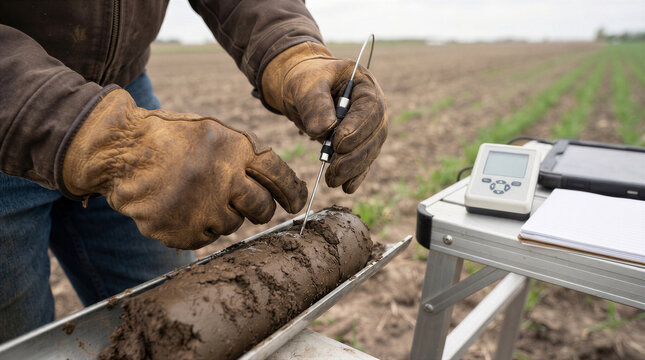 Agricultural scientist testing soil quality in a field a professional agronomist using a digital sensor to measure soil moisture and nutrients