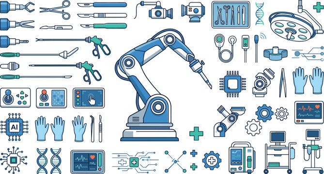 Robotic surgery and advanced medical technology vector icons set featuring automated surgical arm scalpel laparoscopy tools and hospital operating room clinic interface design